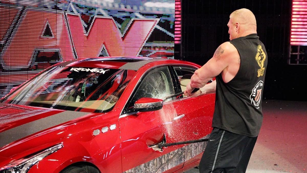 Brock Lesnar smashing Seth Rollins&#039; Cadillac
