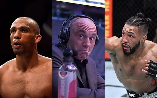 Edson Barboza (left), Joe Rogan (center), Kevin Lee (right)