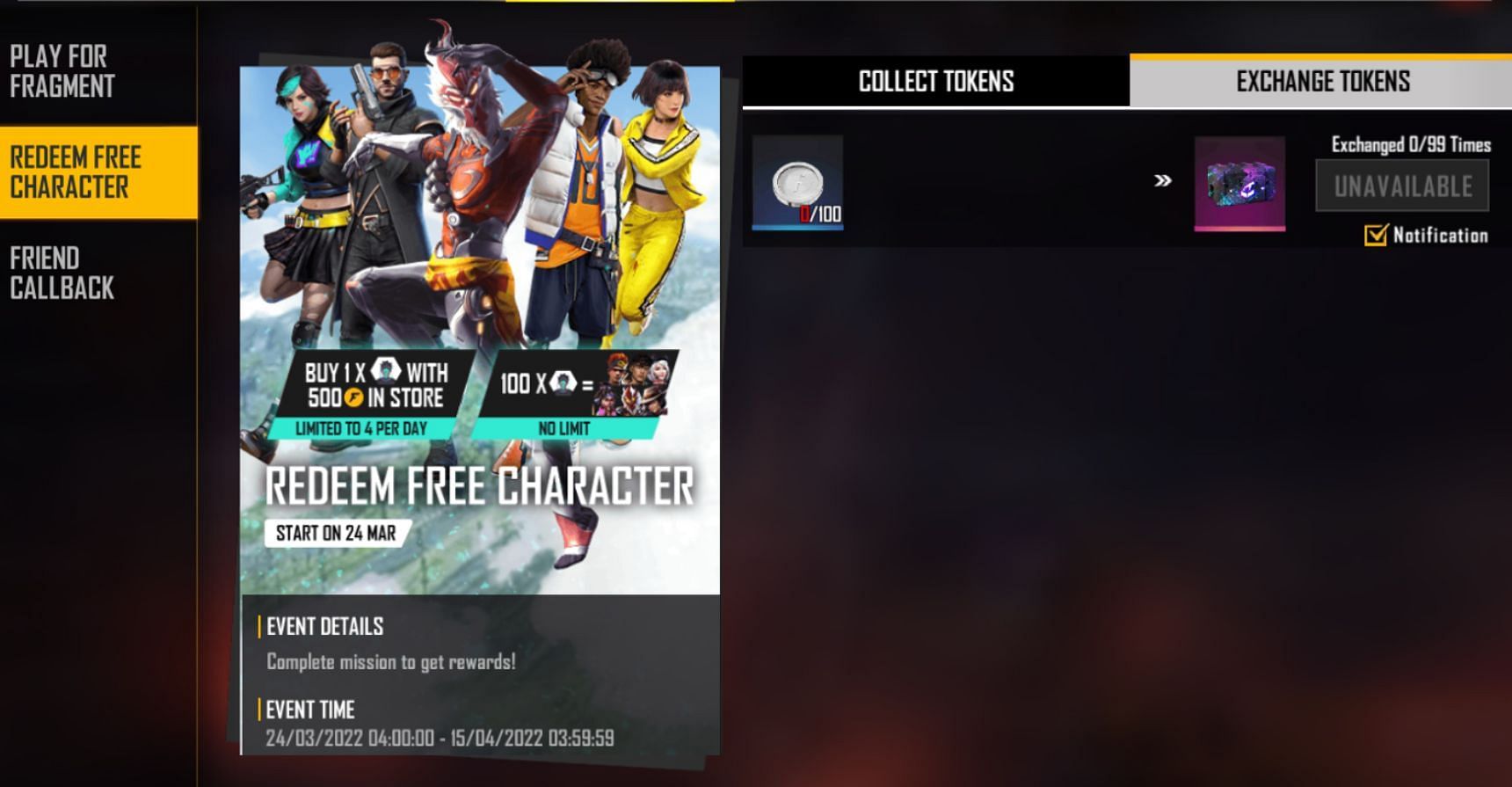 Exchange tokens to redeem the character (Image via Garena)