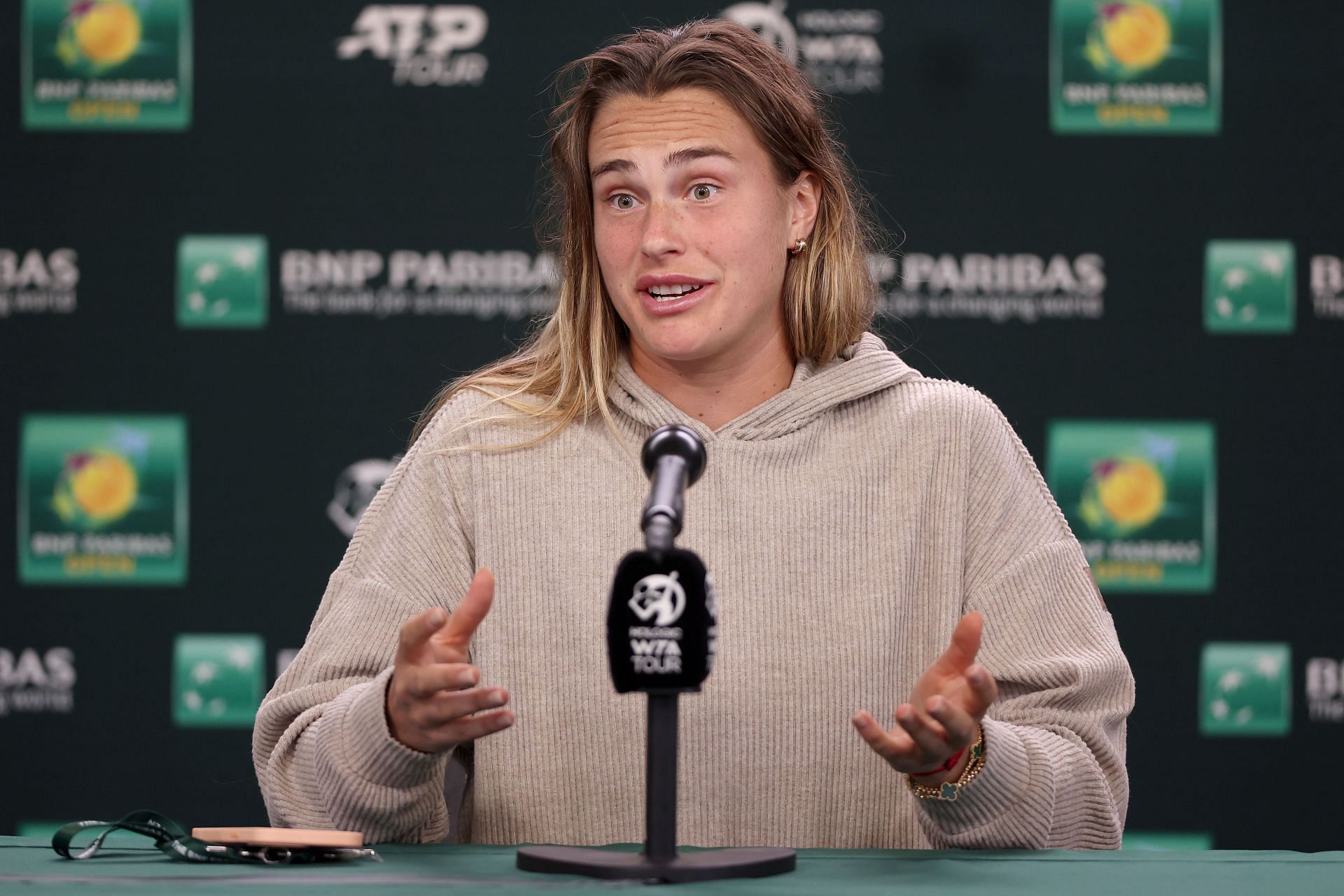 Aryna Sabalenka during a press interaction ahead of the BNP Paribas Open.