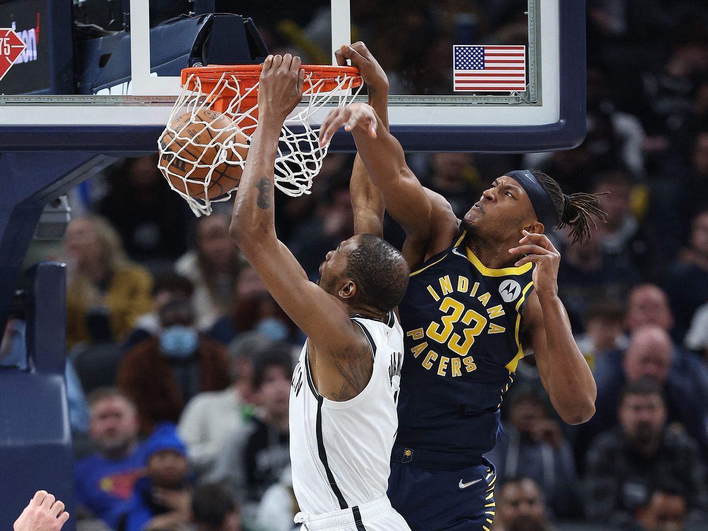 Myles Turner of the Indiana Pacers tries to block Kevin Durant of the Brooklyn Nets.