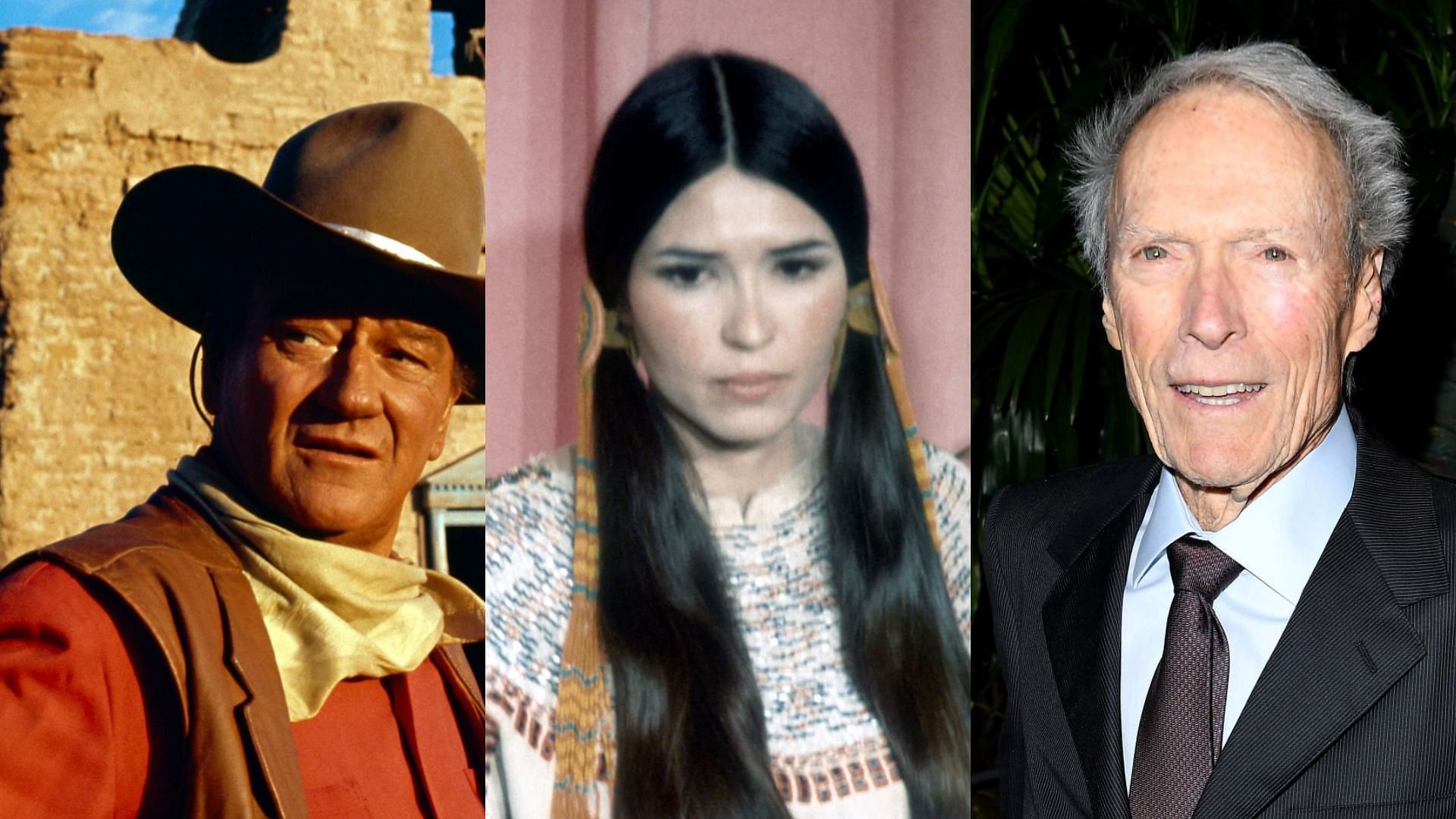 Sacheen Littlefeather (center) was mocked by Clint Eastwood (right) and about to be yanked offstage by John Wayne (left) at the 1973 Oscars (Image via Getty Images)
