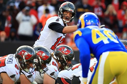 Tom Brady #12 in action for the Tampa Bay Buccaneers.