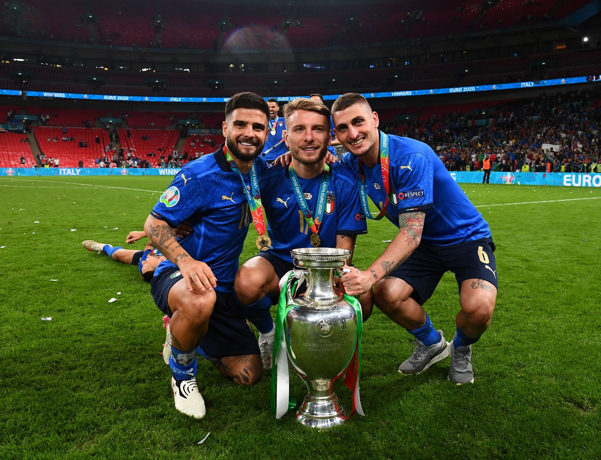 Lorenzo Insigne, Ciro Immobile and Marco Verratti of Italy 