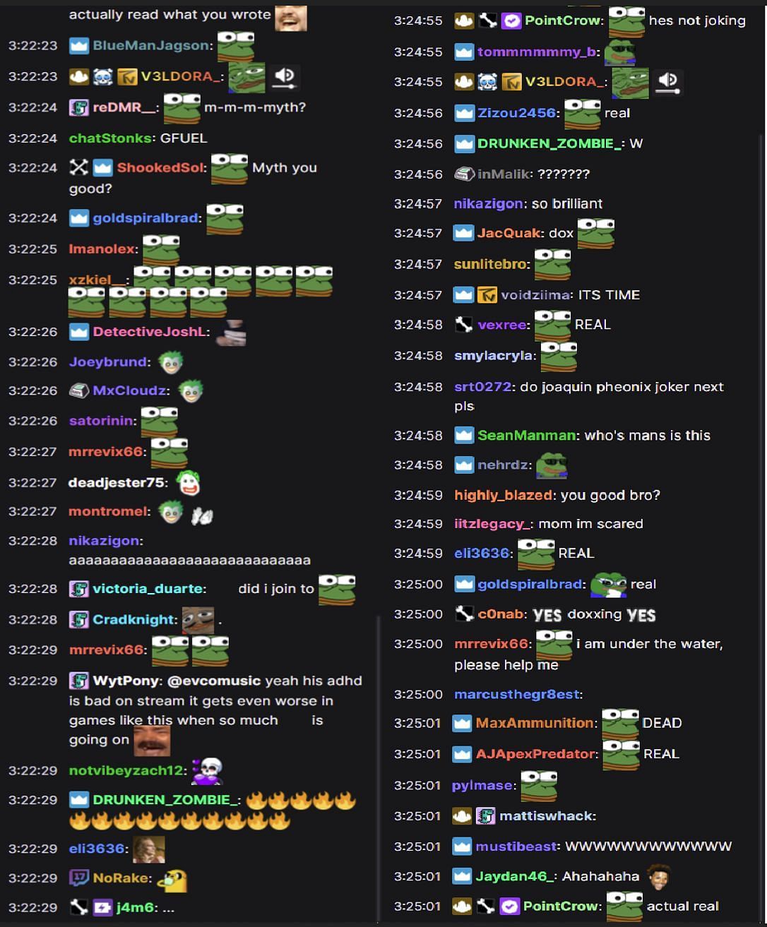 Fans in the Twitch chat reacting to the streamer&#039;s impersonation (Image via Myth/Twitch chat)