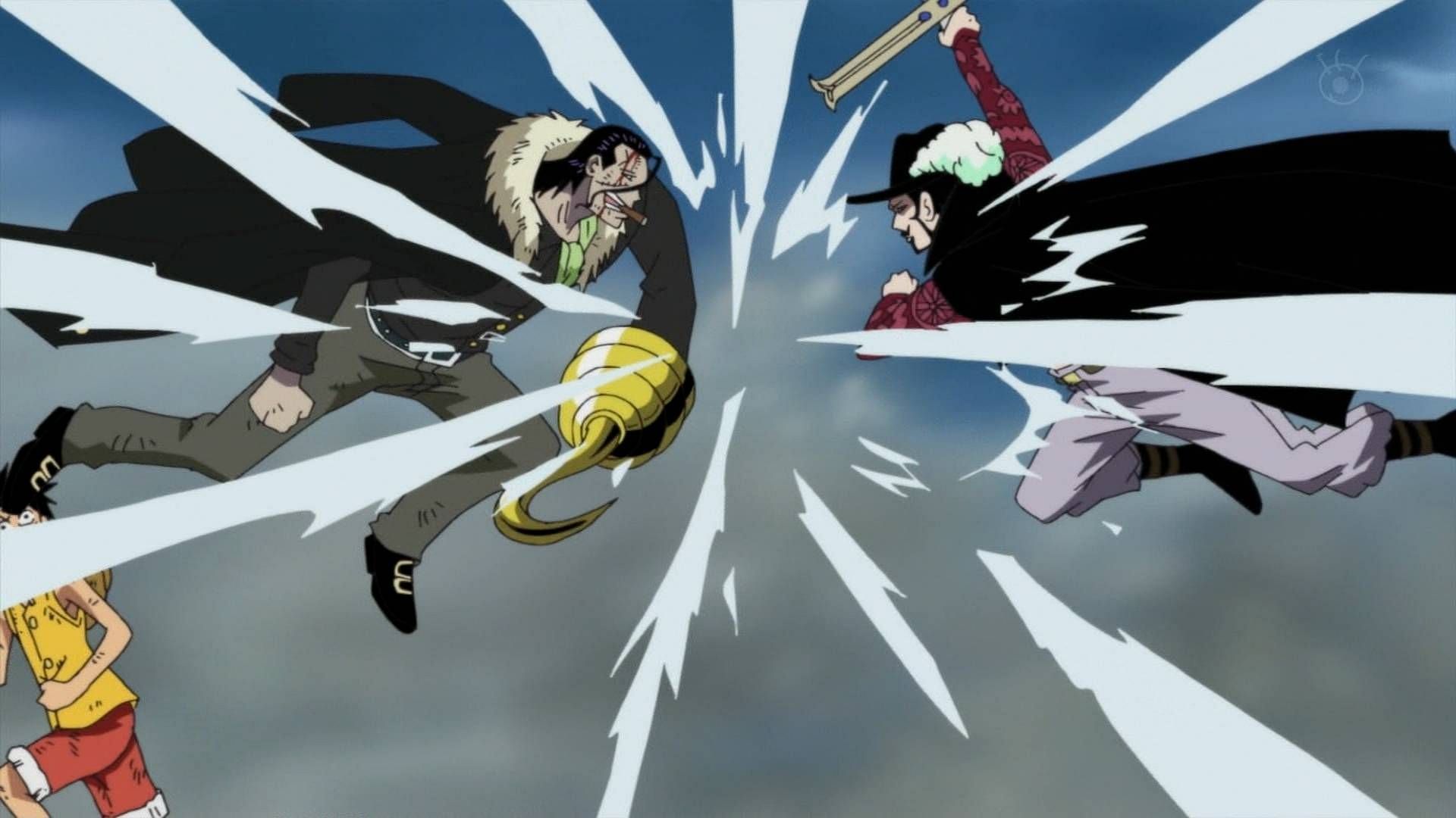 Crocodile seen clashing with Mihawk to protect Luffy in the One Piece anime (Image via Toei Animation)