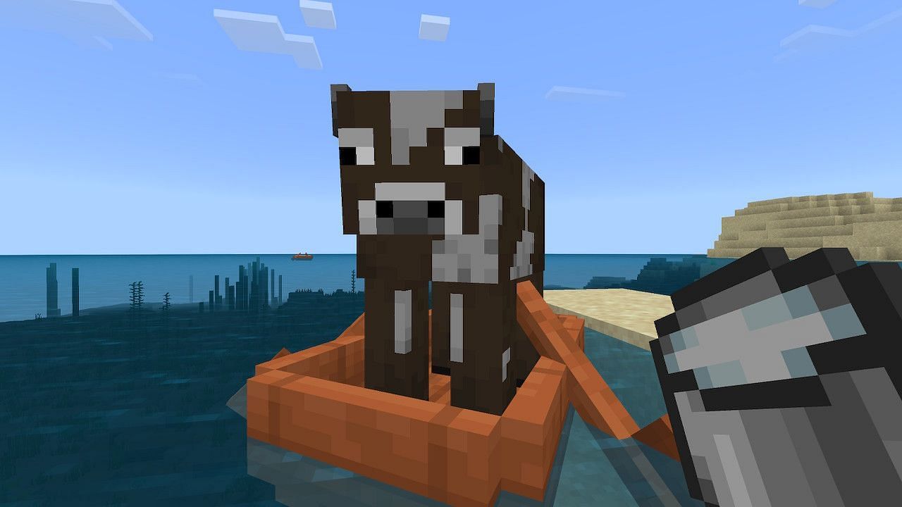 Keeping a cow close by will give access to milk but will not remove the curse if the elder guardian is nearby (Image via Minecraft)