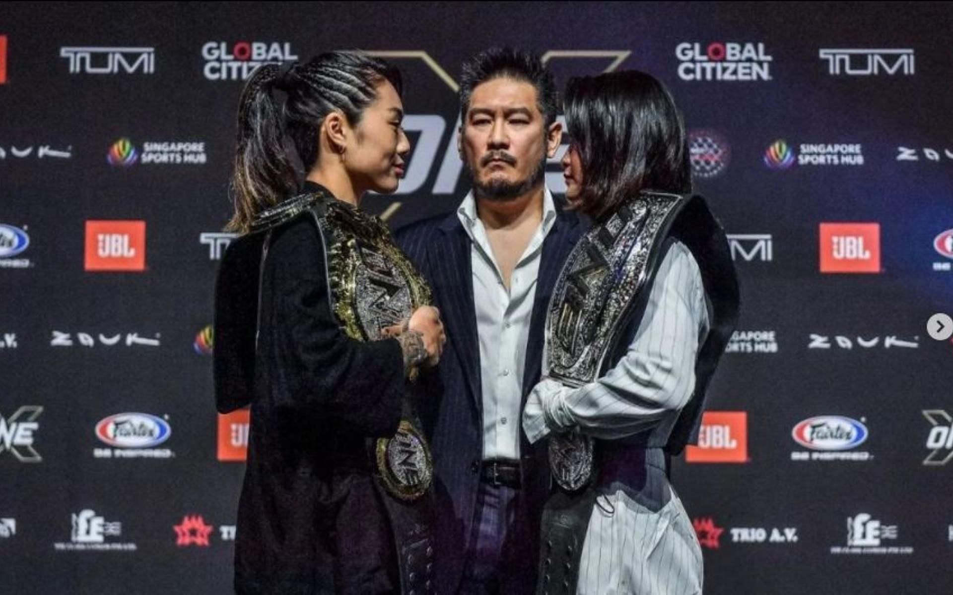 Angela Lee (left) will defend her title against Stamp Fairtex (right) in the main event of ONE X. (Image courtesy: @angelaleemma on Instagram)