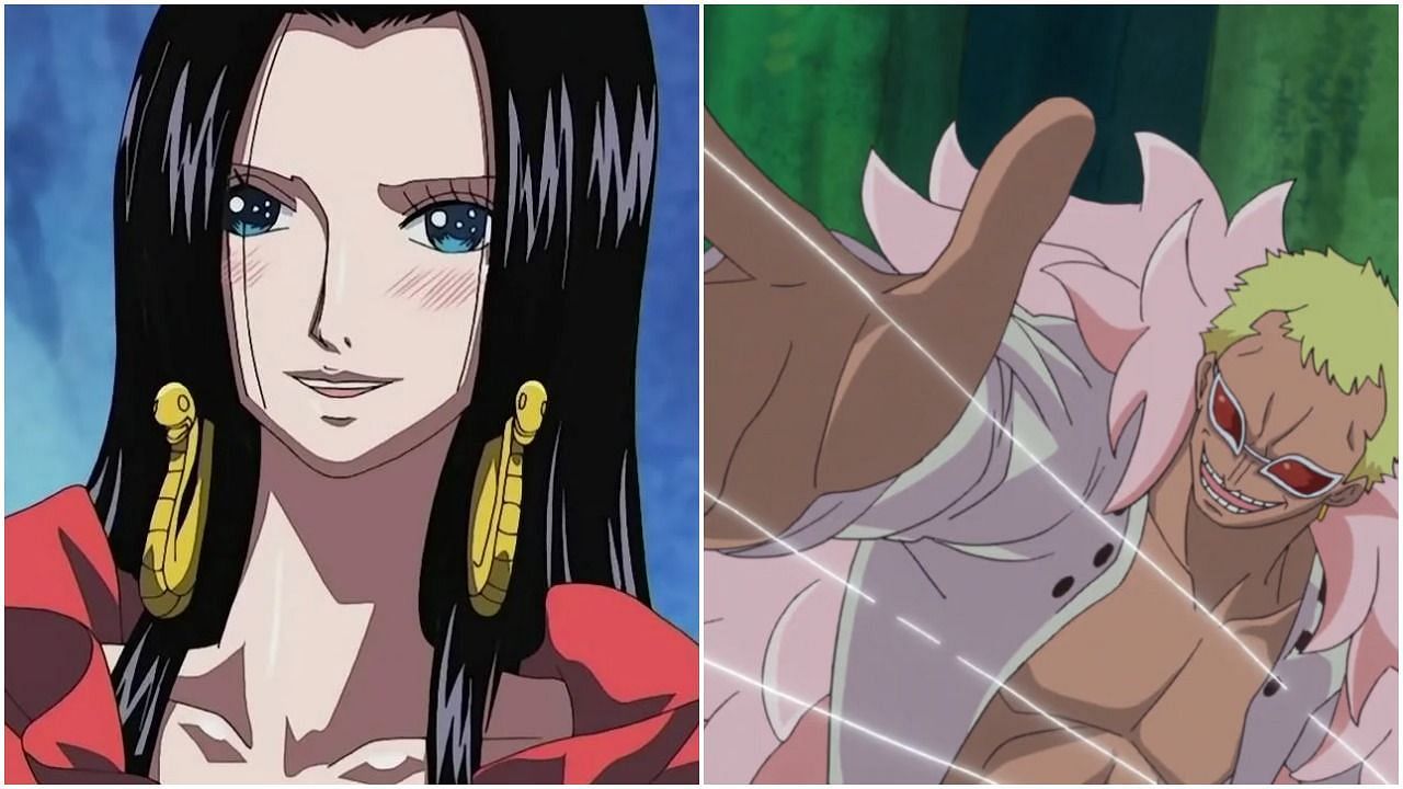 Boa Hancock (left) and Donquixote Doflamingo as seen in the One Piece anime (Image via Sportskeeda)