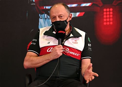 Frédéric Vasseur speaks to the media during pre-season testing in Barcelona (Photo by Mark Sutton - Pool/Getty Images)