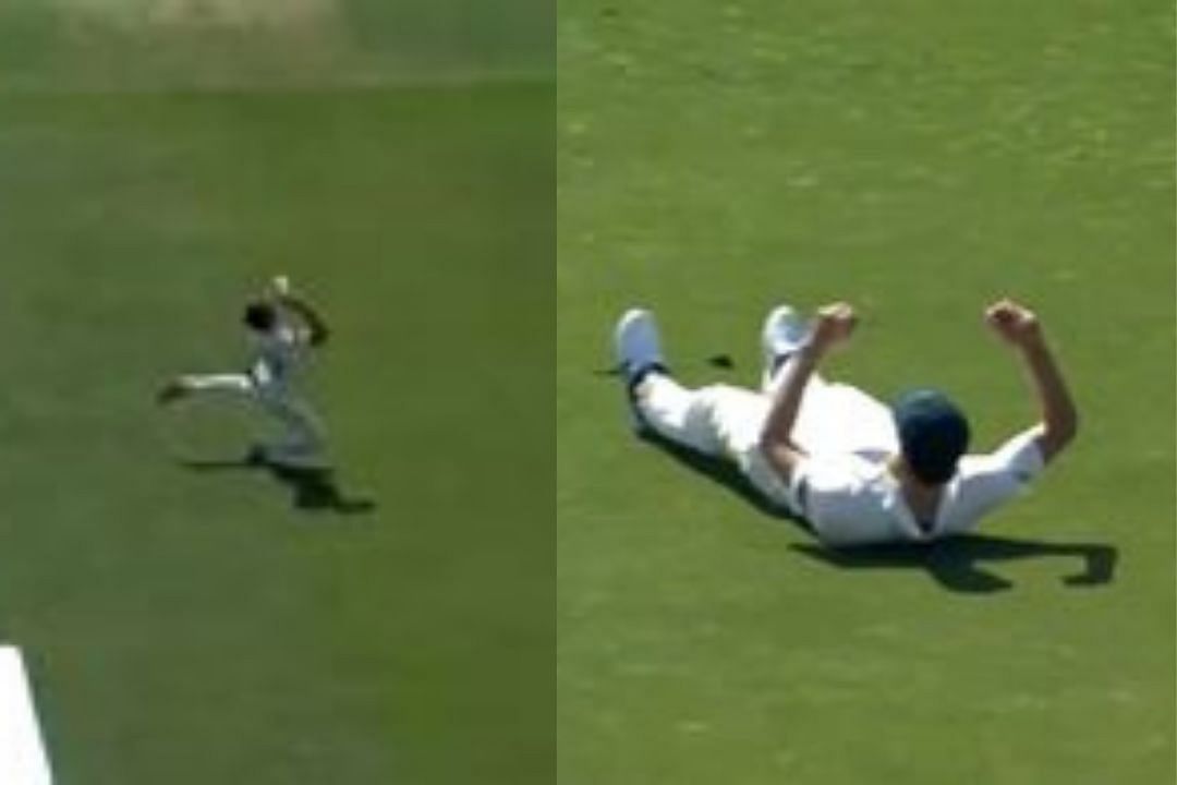 Pat Cummins ran across the ground to claim a tricky catch under the sun to dismiss Shafique (PC: Twitter)