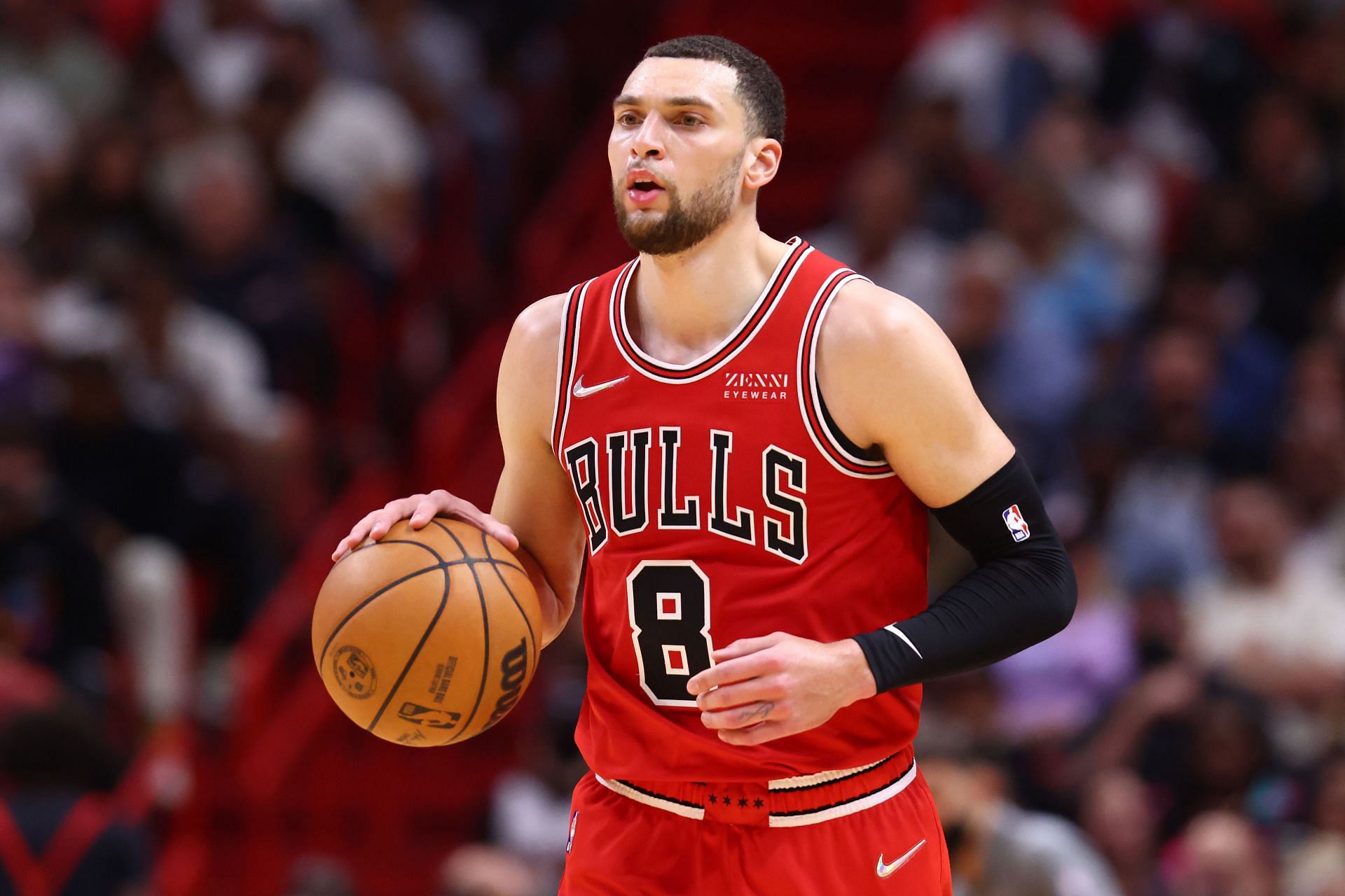 Zach LaVine #8 of the Chicago Bulls dribbles up the court against the Miami Heat during the second half at FTX Arena on February 28, 2022 in Miami, Florida.