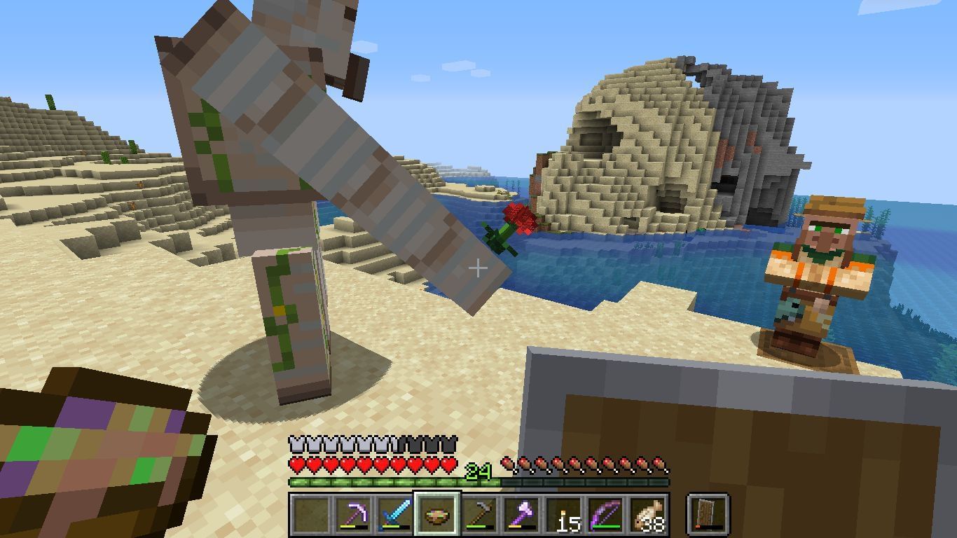 Iron golem giving poppy to villagers (Image via Mojang)