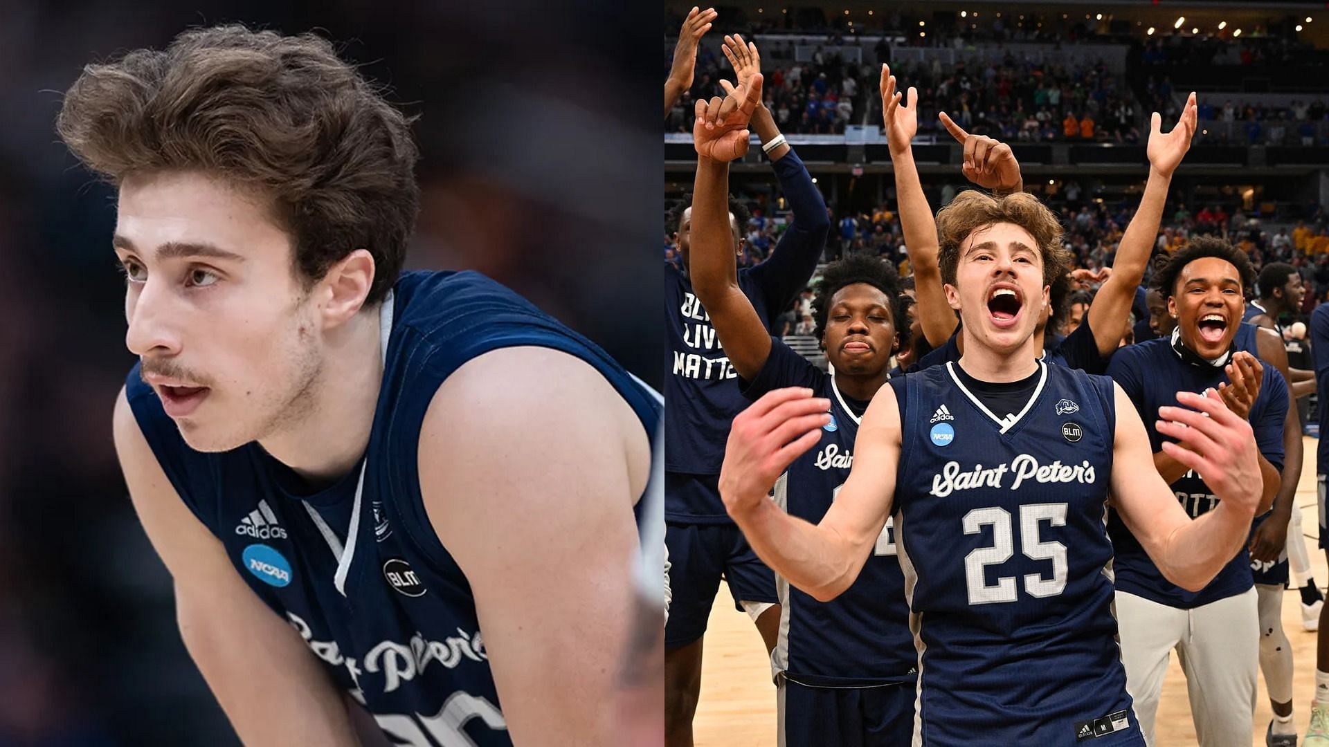 Saint Peter&#039;s junior guard Doug Edert inks NIL deal with Buffalo Wild Wings on Wednesday (Images via Zach Bolinger/Getty Images)