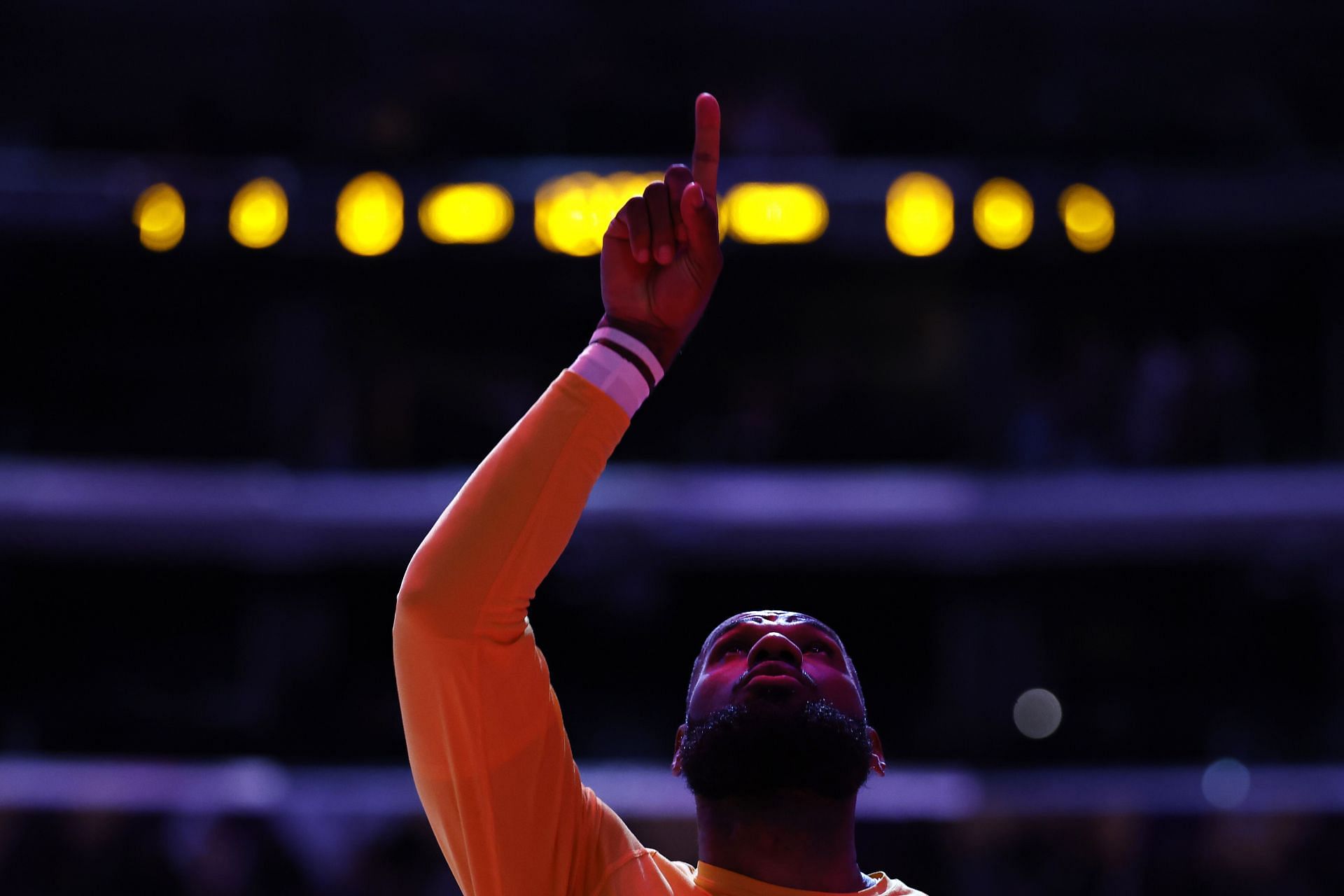 Enter caption Enter caption LeBron James of the LA Lakers reacts during the national anthem before a game against the New Orleans Pelicans on Sunday in Los Angeles, California.