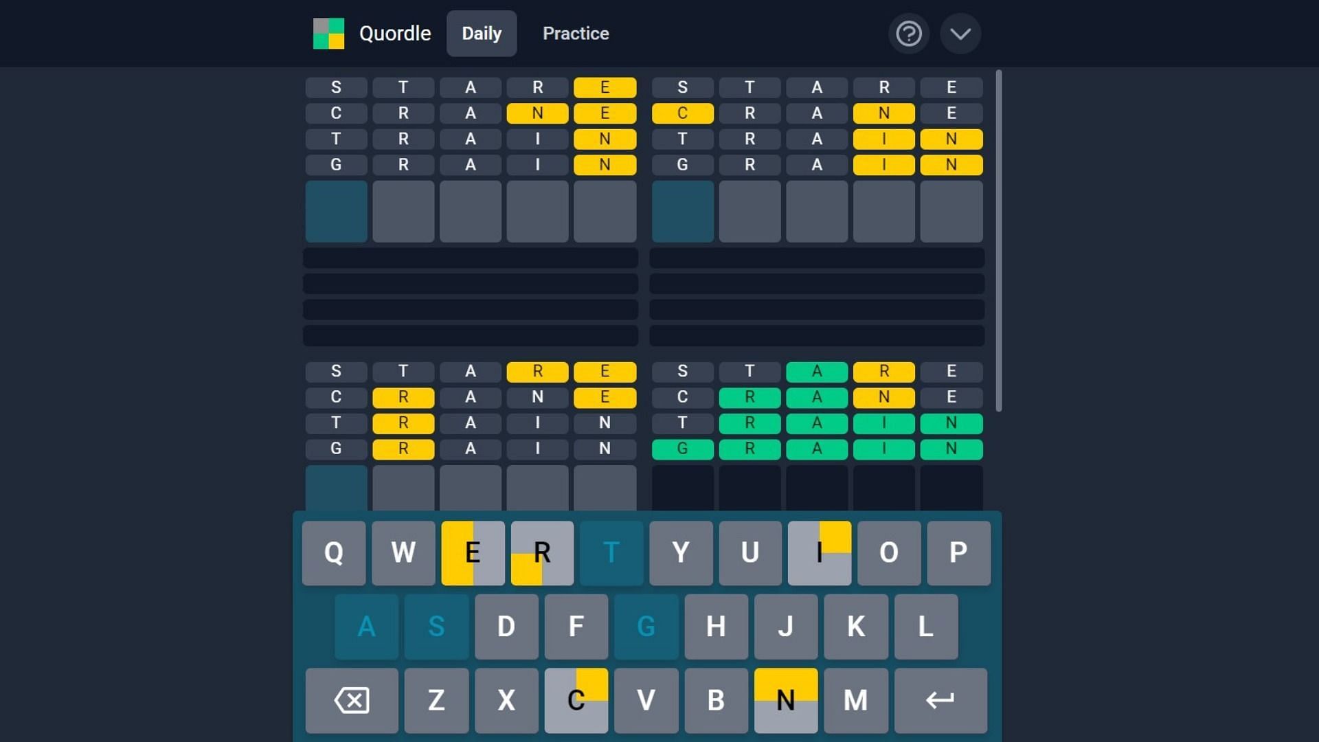 Players get nine tries to solve four five-letter words (Image via Quordle)