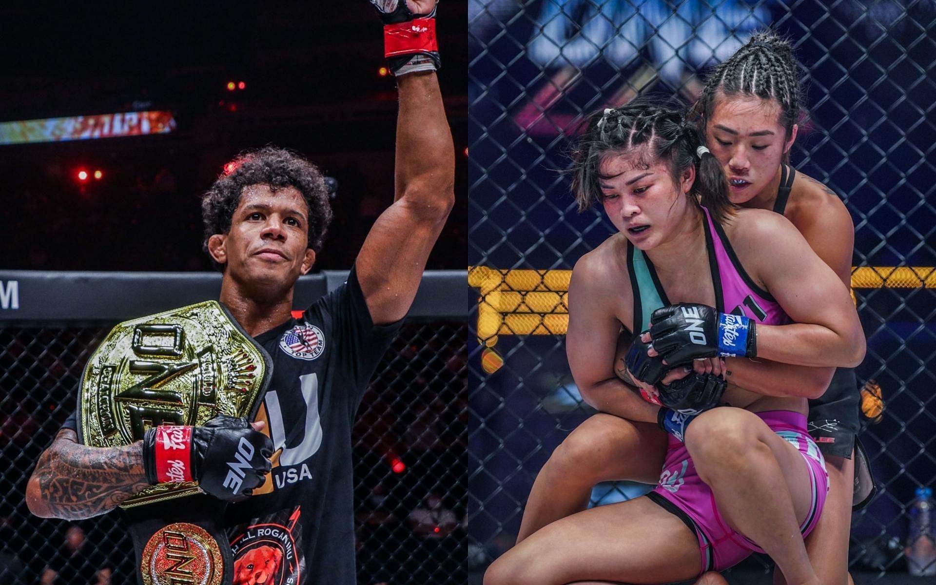 ONE flyweight champion Adriano Moraes (left) has some motivational words for Stamp Fairtex (right) after her loss to Angela Lee (far right) at ONE X. (Images courtesy of ONE Championship)
