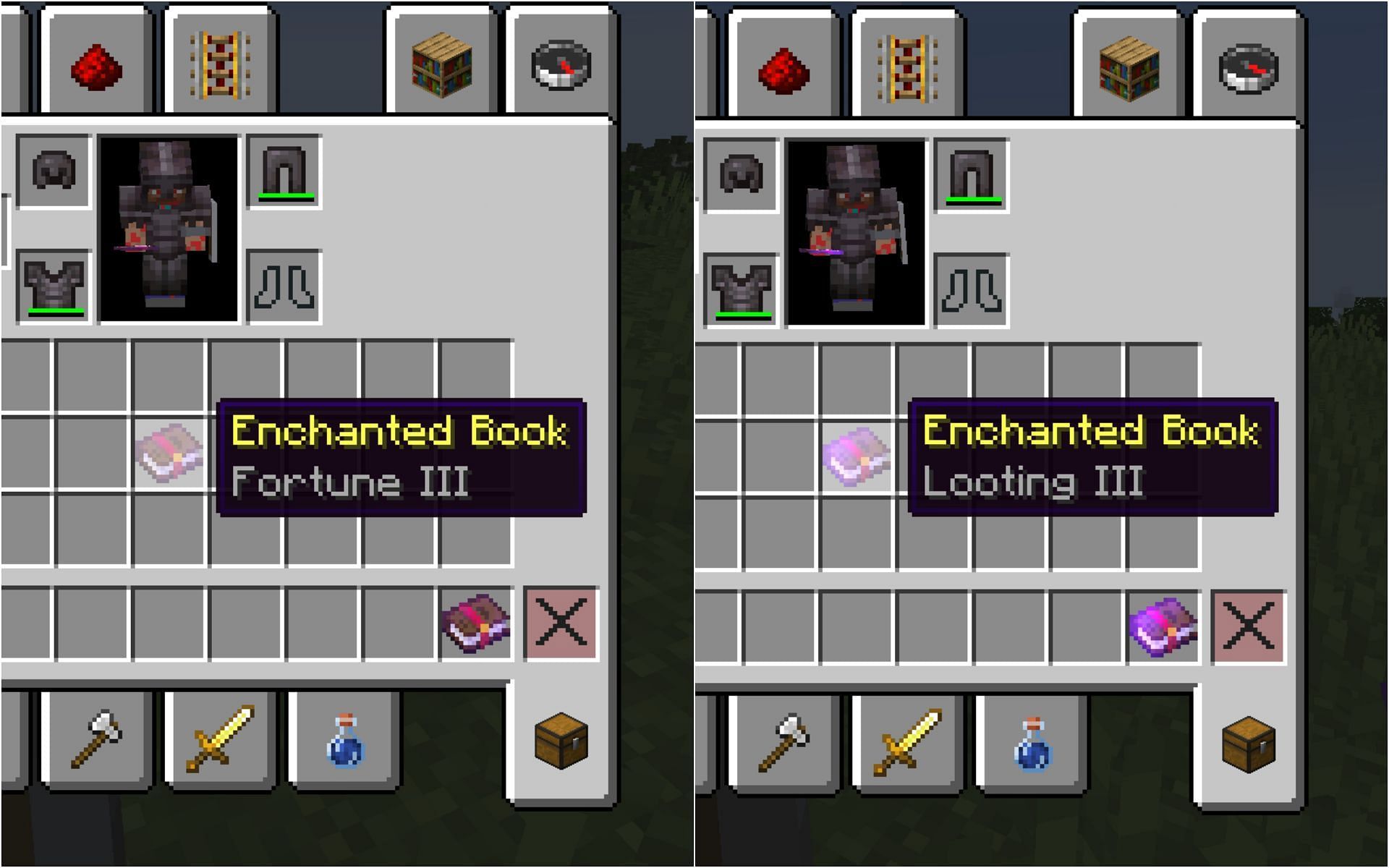 Looting and Fortune enchanted book (Image via Minecraft)