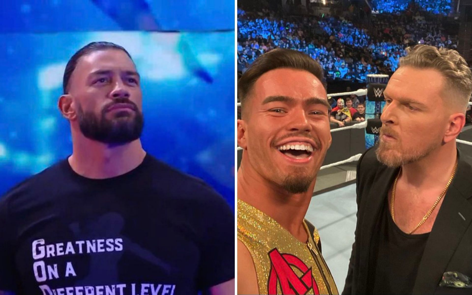 Roman Reigns (left); Austin Theory and Pat McAfee (right)