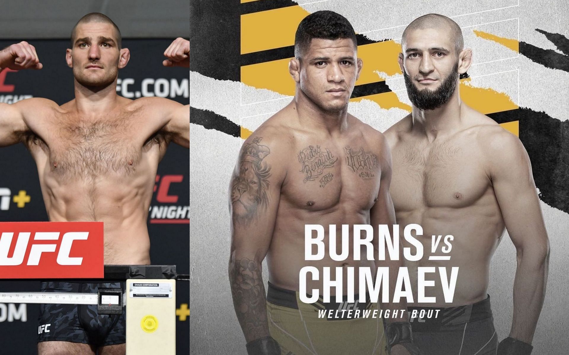 Sean Strickland(left); UFC 273 official poster featuring Burns and Chimaev(right)