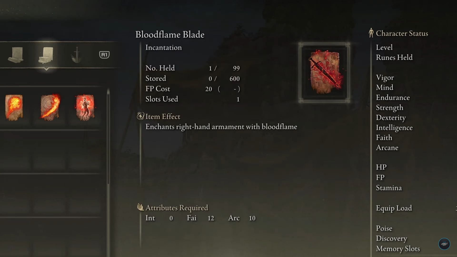 Bloodflame Blade enchants a weapon with the bloodflame skill in Elden Ring (Image via Ventus SGN/Youtube)