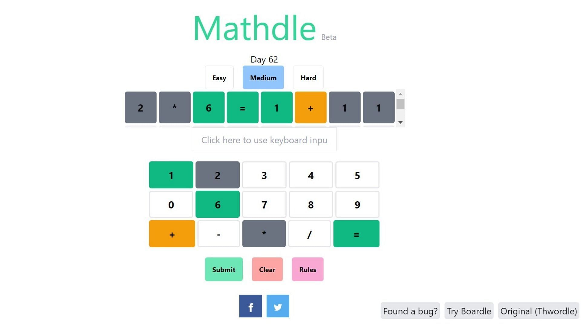 Mathdle requires players to guess mathematical equations, available in three modes of difficulty (Image via Mathdle)