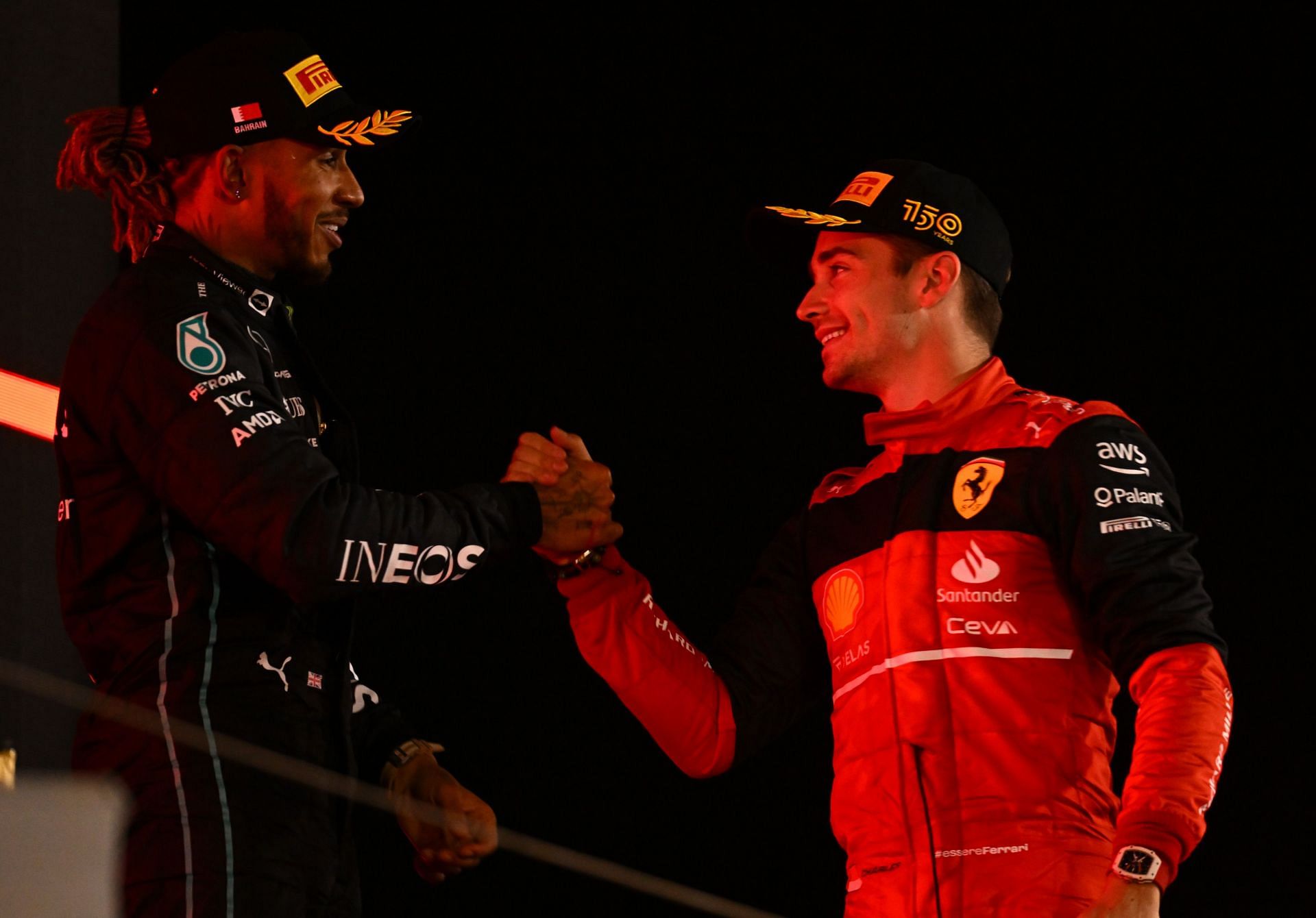 F1 Grand Prix of Bahrain - Lewis Hamilton (left) congratulates Charles Leclerc (right) on his race win in Bahrain