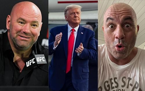 Dana White (left), Donald Trump (middle), and Joe Rogan (right) [Image credits: Getty, @realdonaldtrump and @joerogan via Instagram]