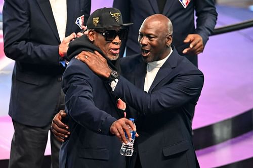 Dennis Rodman and Michael Jordan with the NBA's 75th Anniversary team