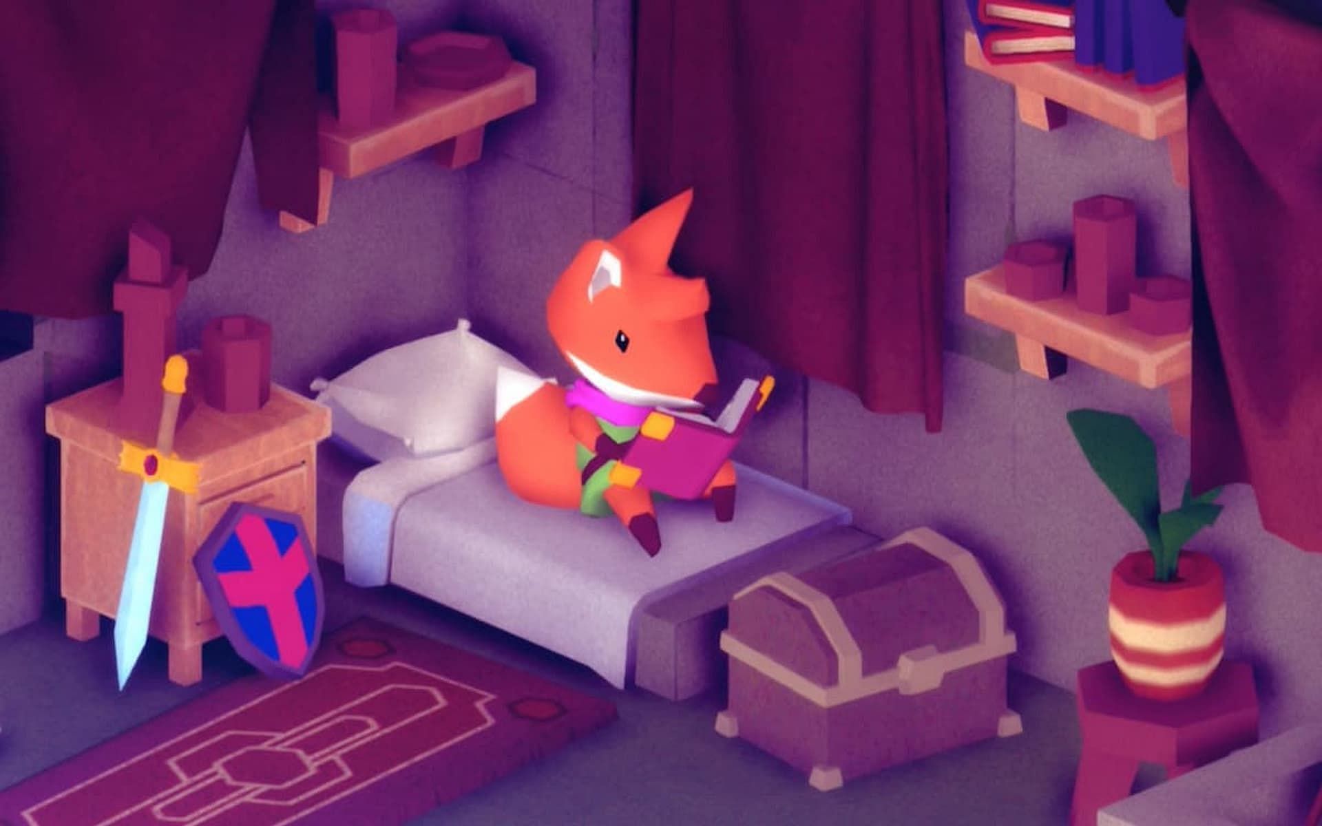 The fox sits upon a bed in Tunic (Image via Finji)