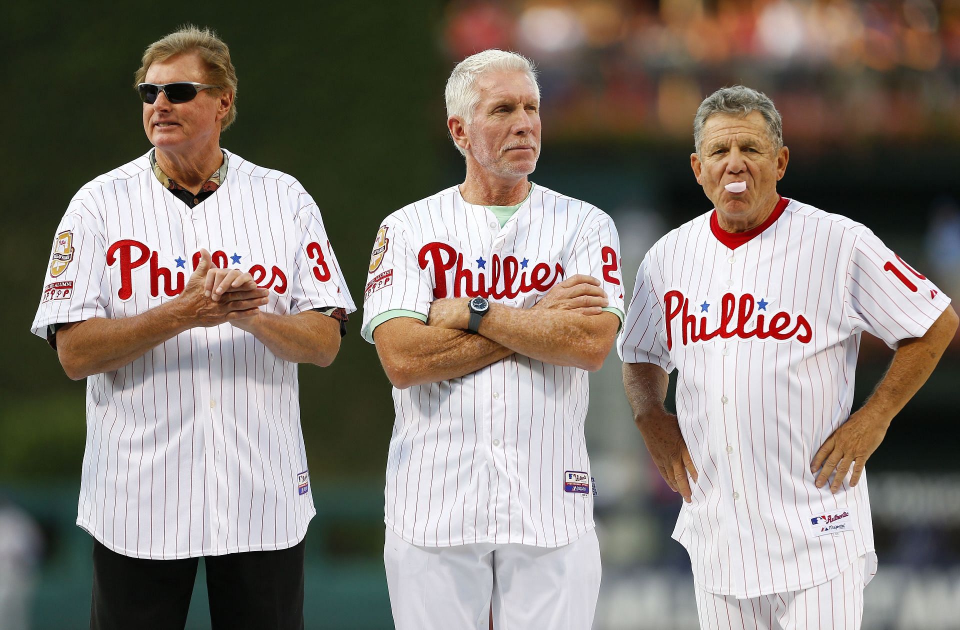 Philadelphia Phillies legends Steve Carlton( left), Mike Schmidt (center), and Larry Bowa (right) being honored before a New York Mets v Philadelphia Phillies game