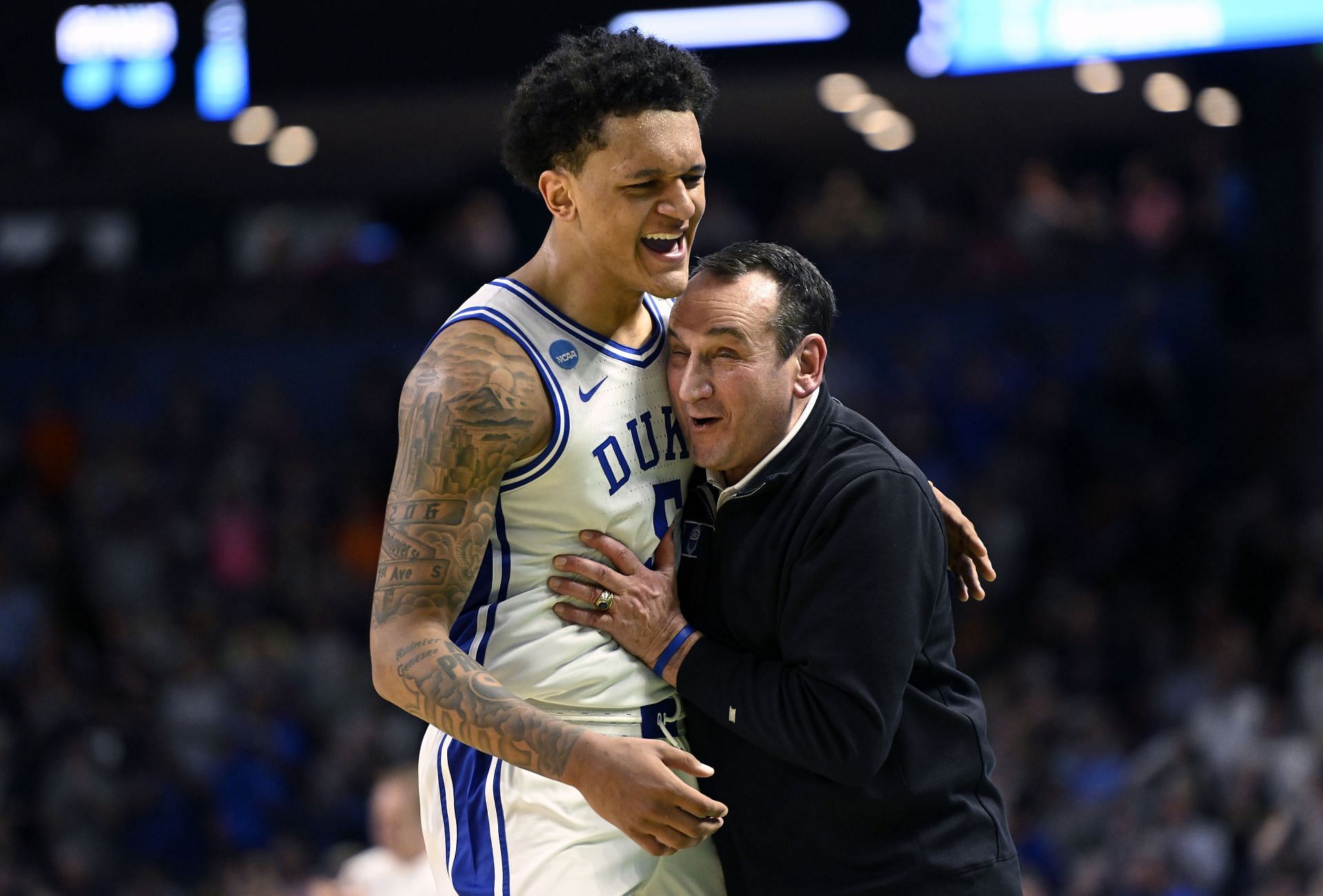 Duke&#039;s Paolo Banchero and Mike Krzyzewski are celebrating during the big win.