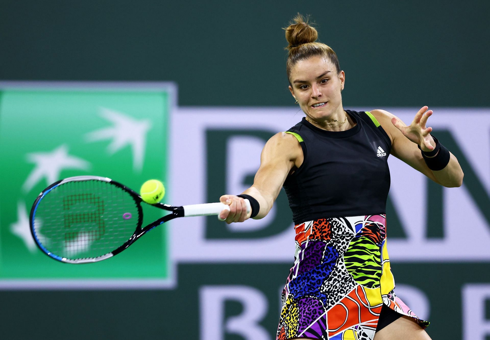 Maria Sakkari in action at the 2022 BNP Paribas Open