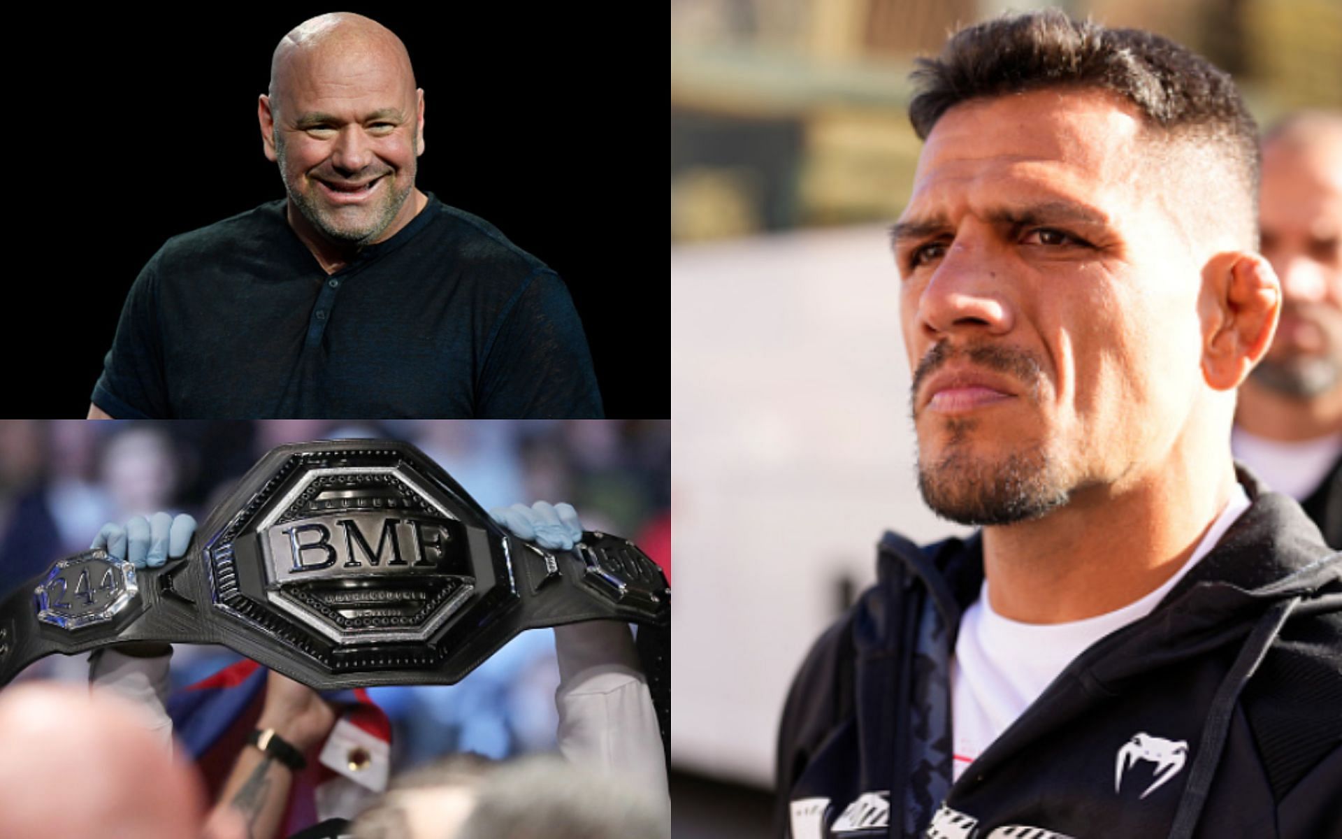 Dana White (top left); BMF title (bottom left); Rafael dos Anjos (right)