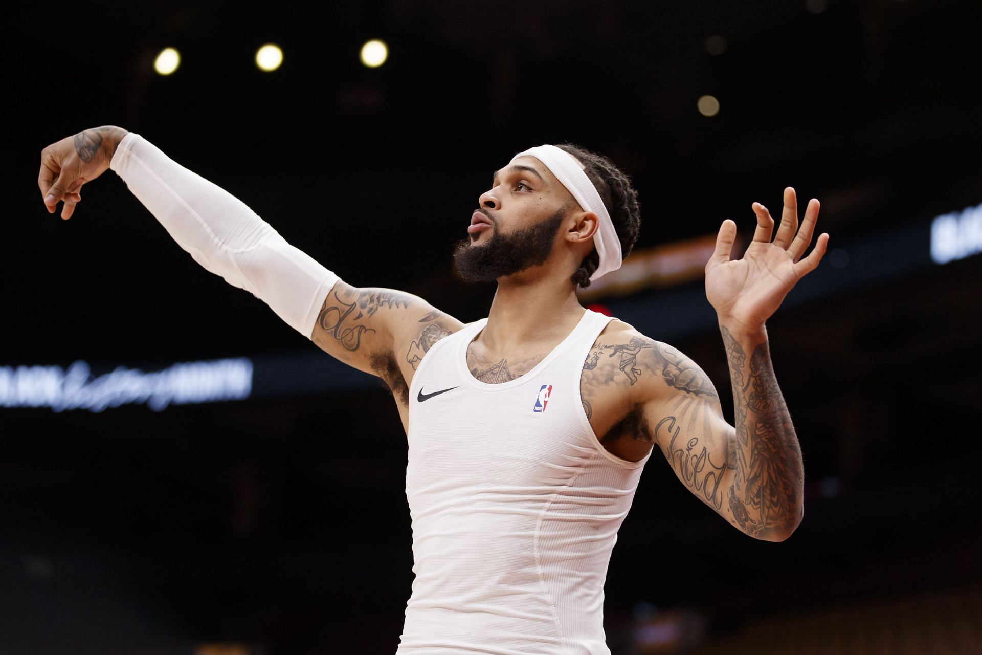 Raptors&#039; Gary Trent Jr. warms up before the start of a game