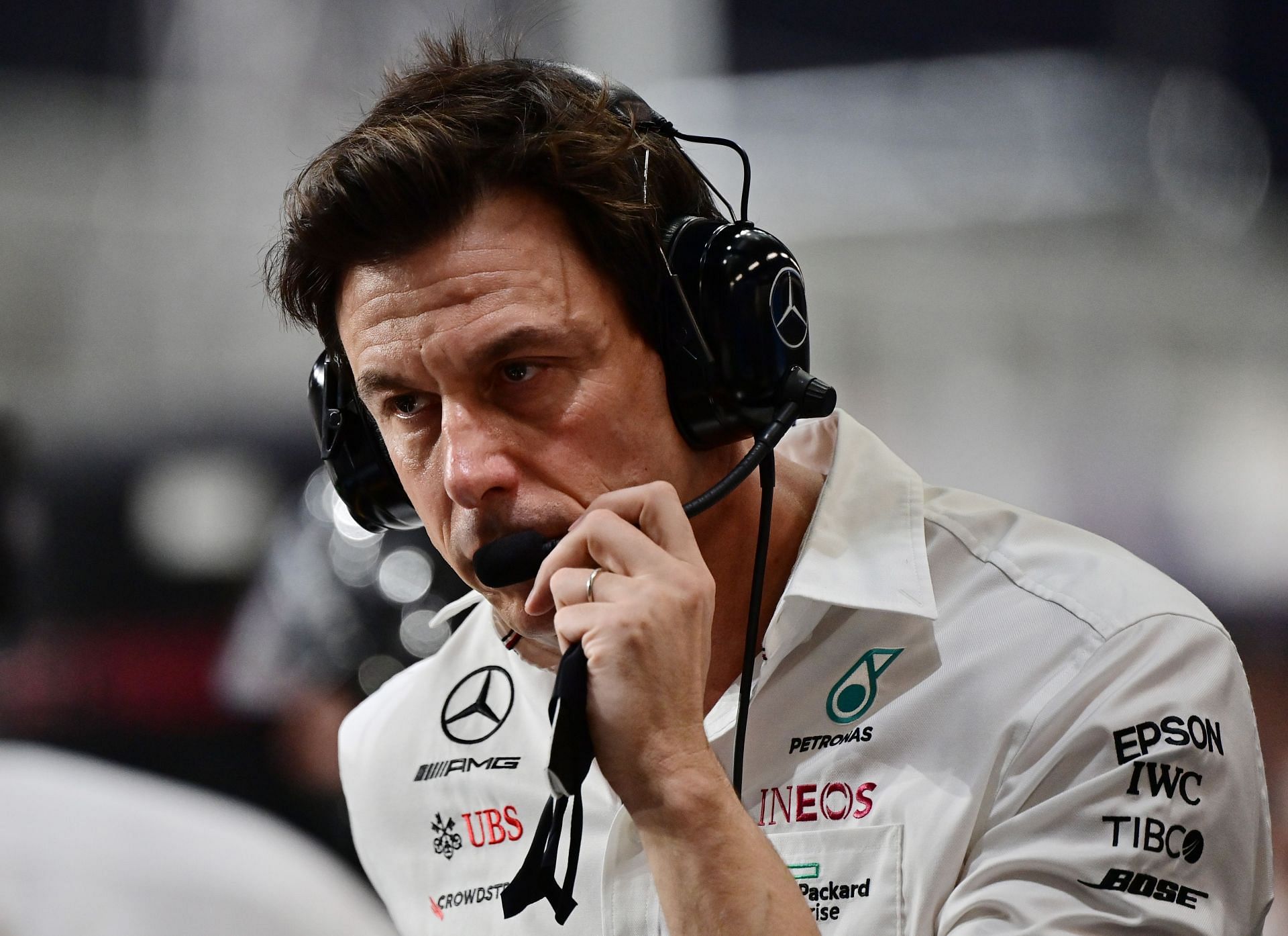 Toto Wolff talks on his team radio during the F1 Grand Prix of Saudi Arabia (Photo by Andrej Isakovic - Pool/Getty Images)