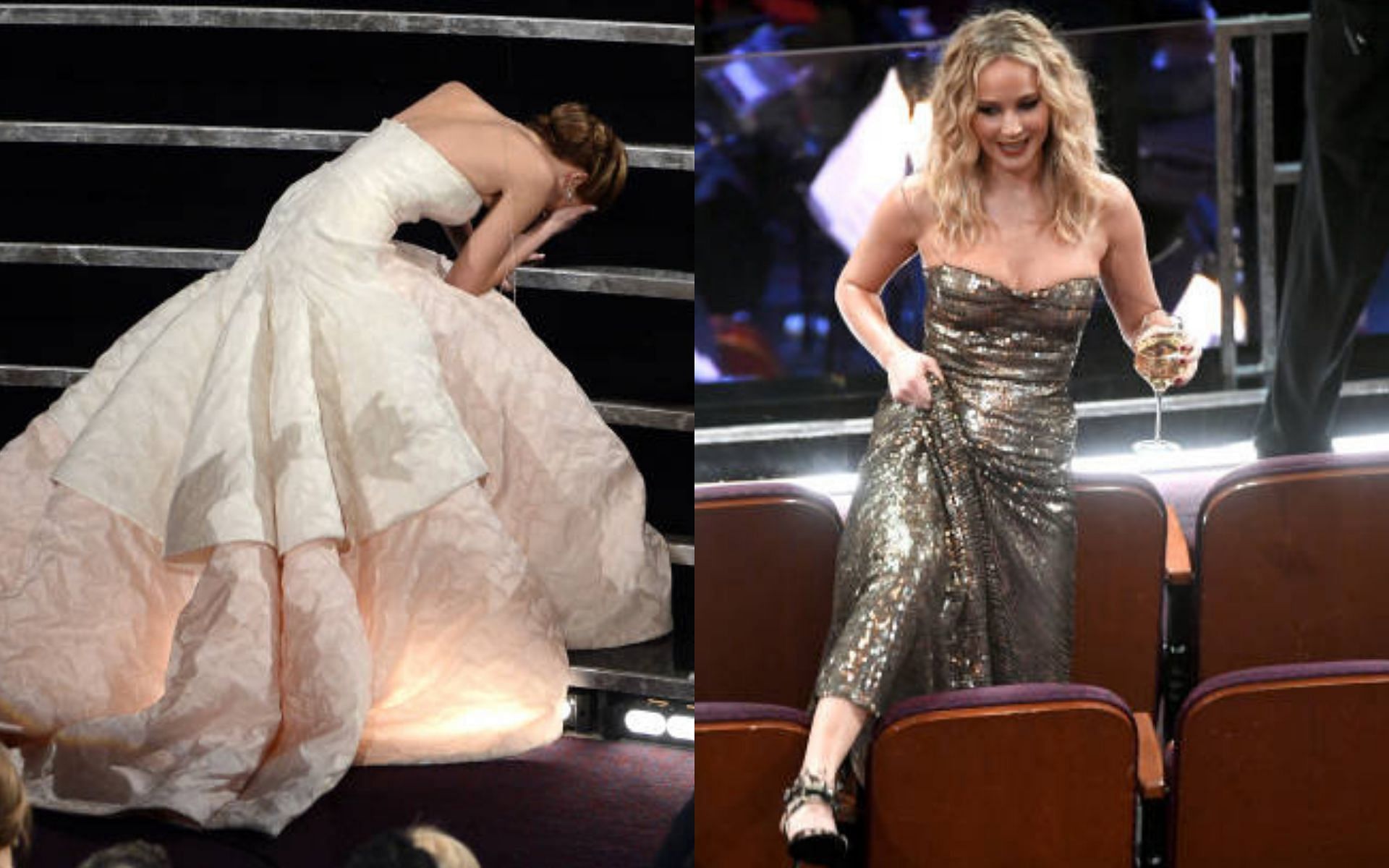 Jennifer Lawrence being clumsy at Oscars (Image via Getty Images)