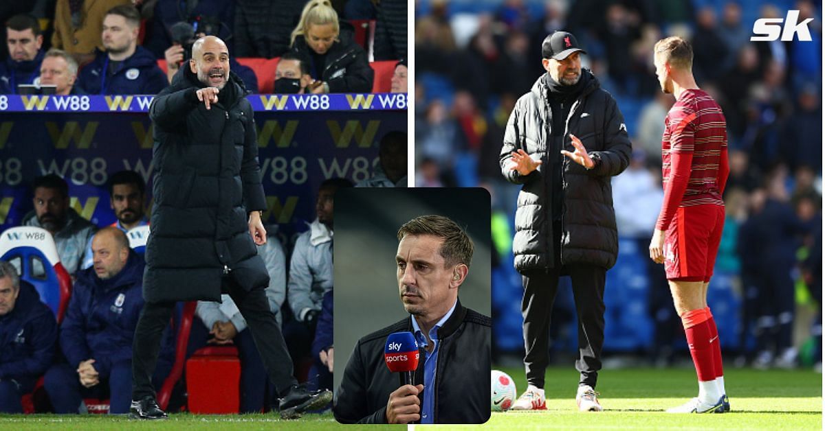 Manchester City manager Pep Guardiola; Reds boss Jurgen Klopp; [inset] Gary Neville.