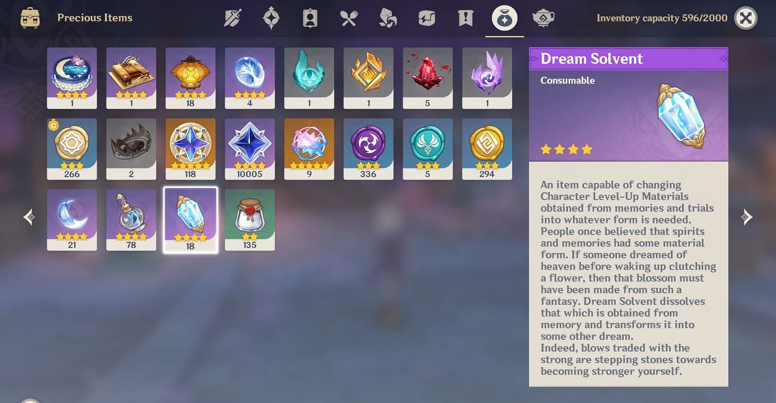 Dream Solvent in the inventory (Image via HoYoverse)