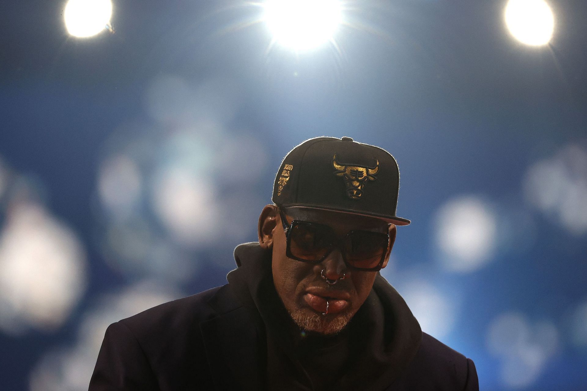 Dennis Rodman reacts after being introduced as part of the NBA 75th Anniversary Team during the All-Star Game on Feb. 20 in Cleveland, Ohio.