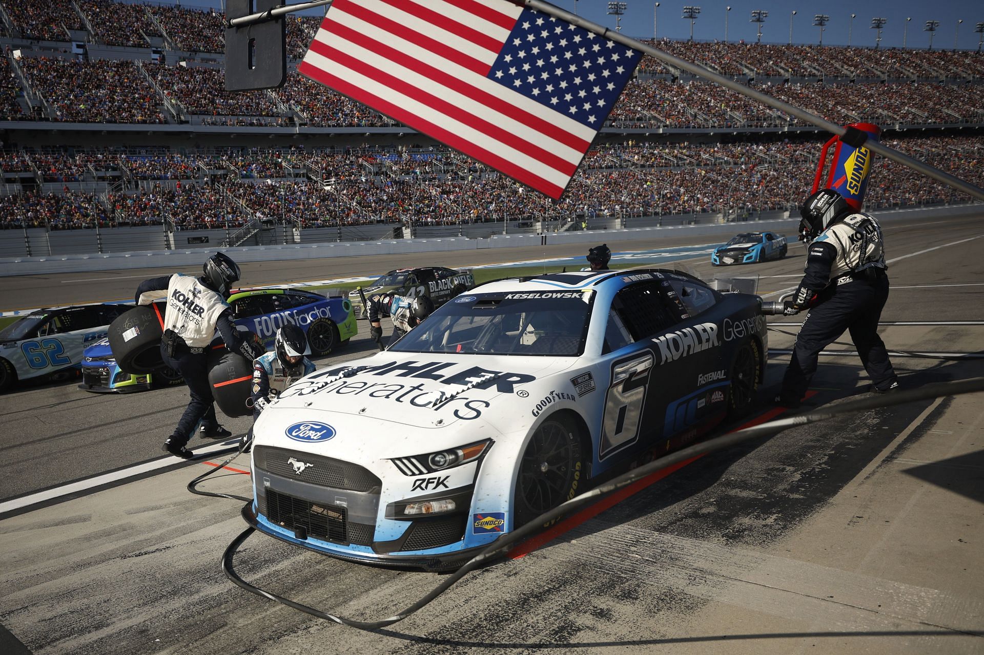 Brad Keselowski pits during the 2022 NASCAR Cup Series 64th Annual Daytona 500 at Daytona International Speedway in Florida. (Photo by Chris Graythen/Getty Images)