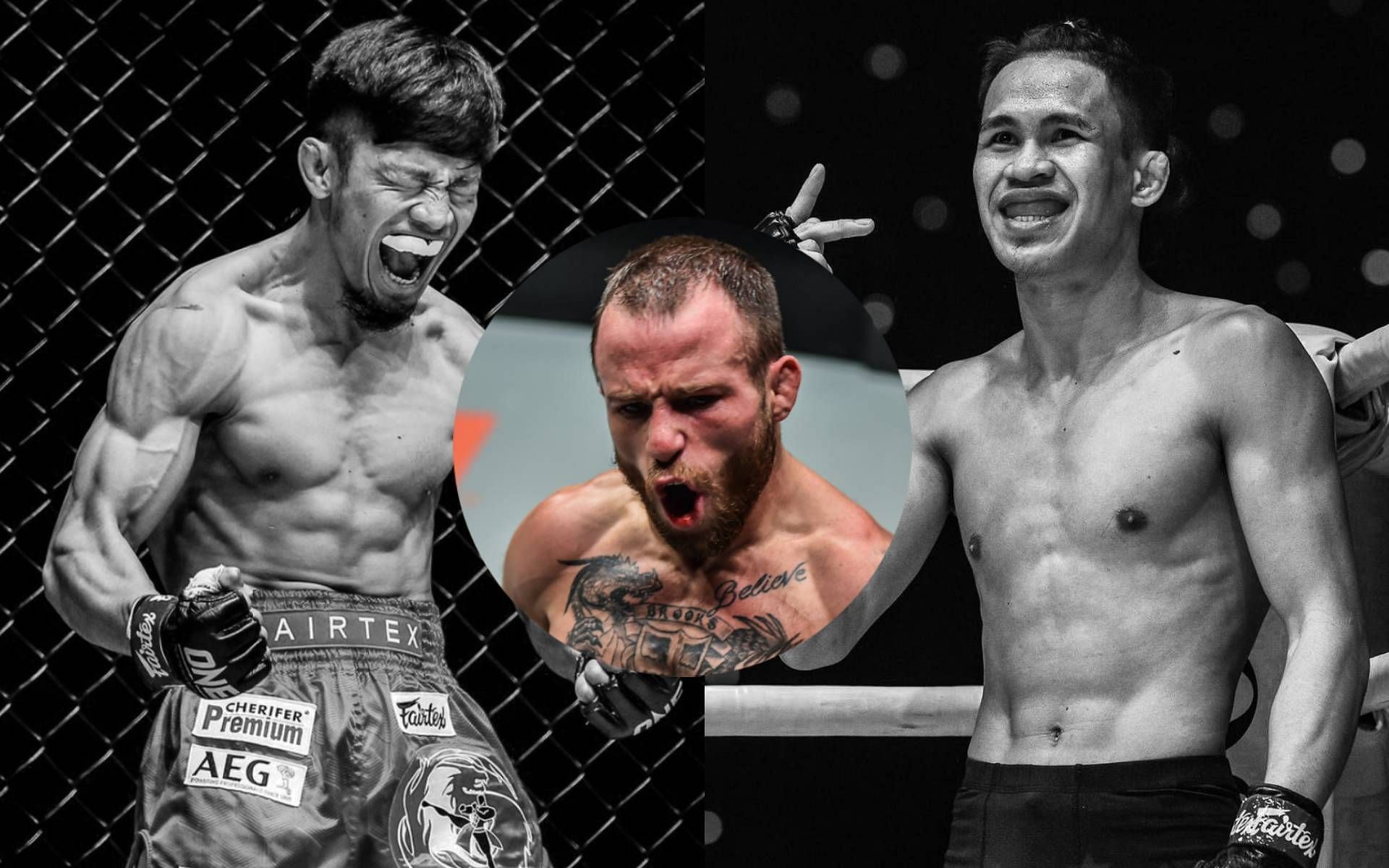 Jarred Brooks (center circle) picks Lito Adiwang (left) to win over Jeremy Miado (right) in their strawweight fight in ONE X. [Photos ONE Championship]