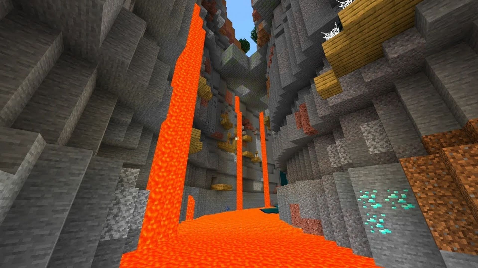 A ravine including water, lava, and diamond ore (Image via Minecraft and Chill/Youtube)
