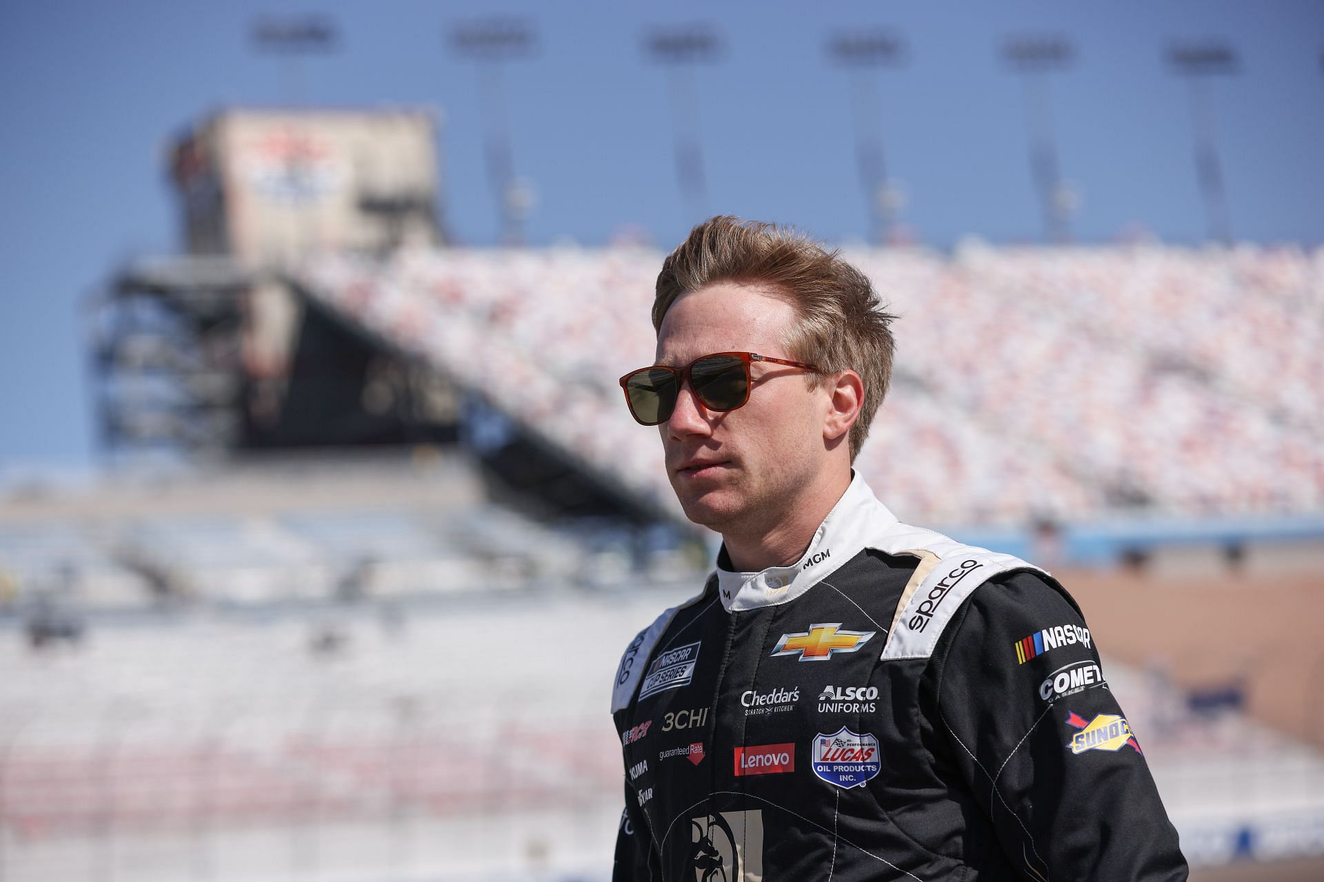 Tyler Reddick walking the grid during practice for NASCAR Cup Series Pennzoil 400 at Las Vegas Motor Speedway.