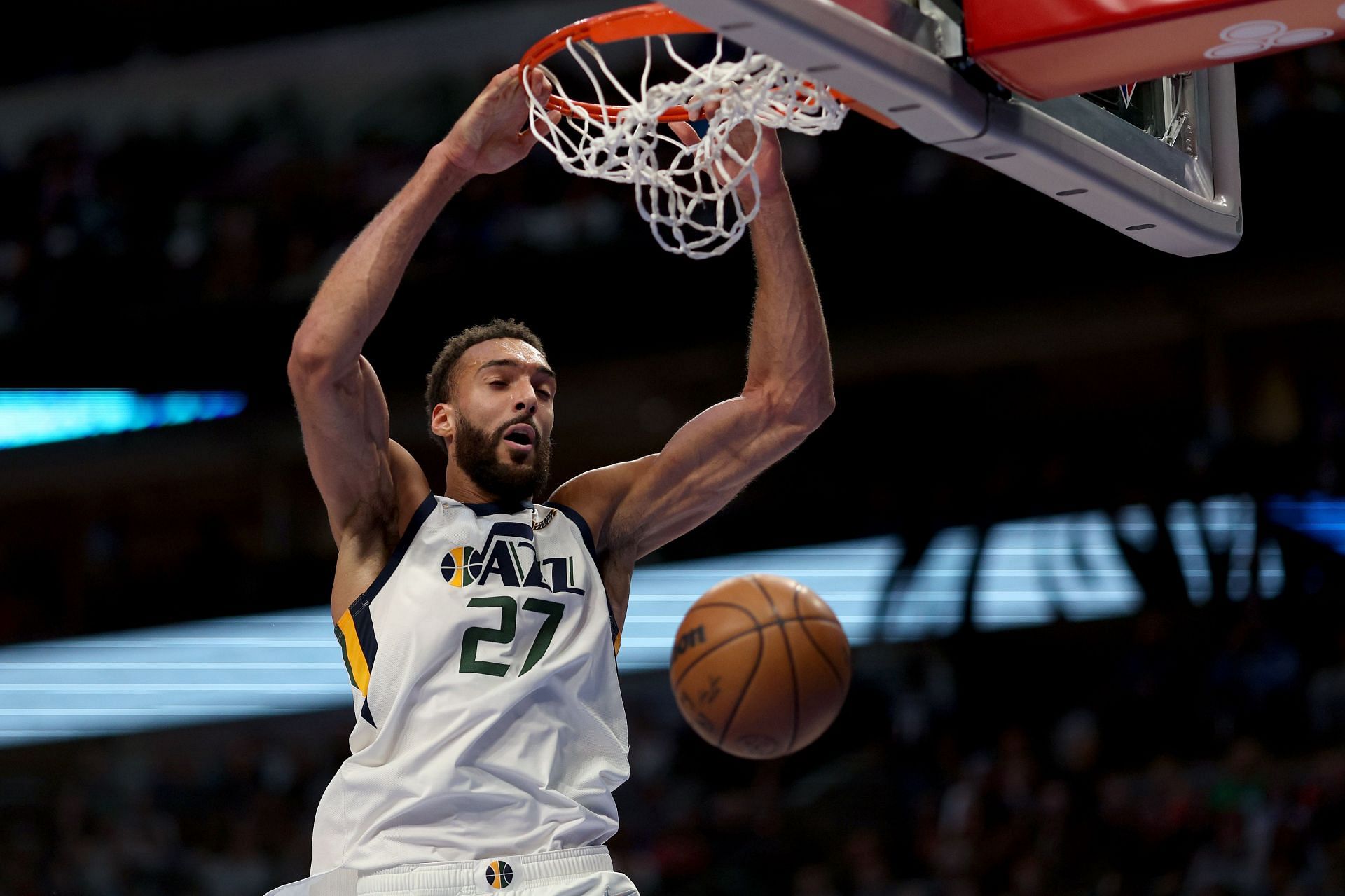 Rudy Gobert of the Utah Jazz dunks against the Dallas Mavericks.