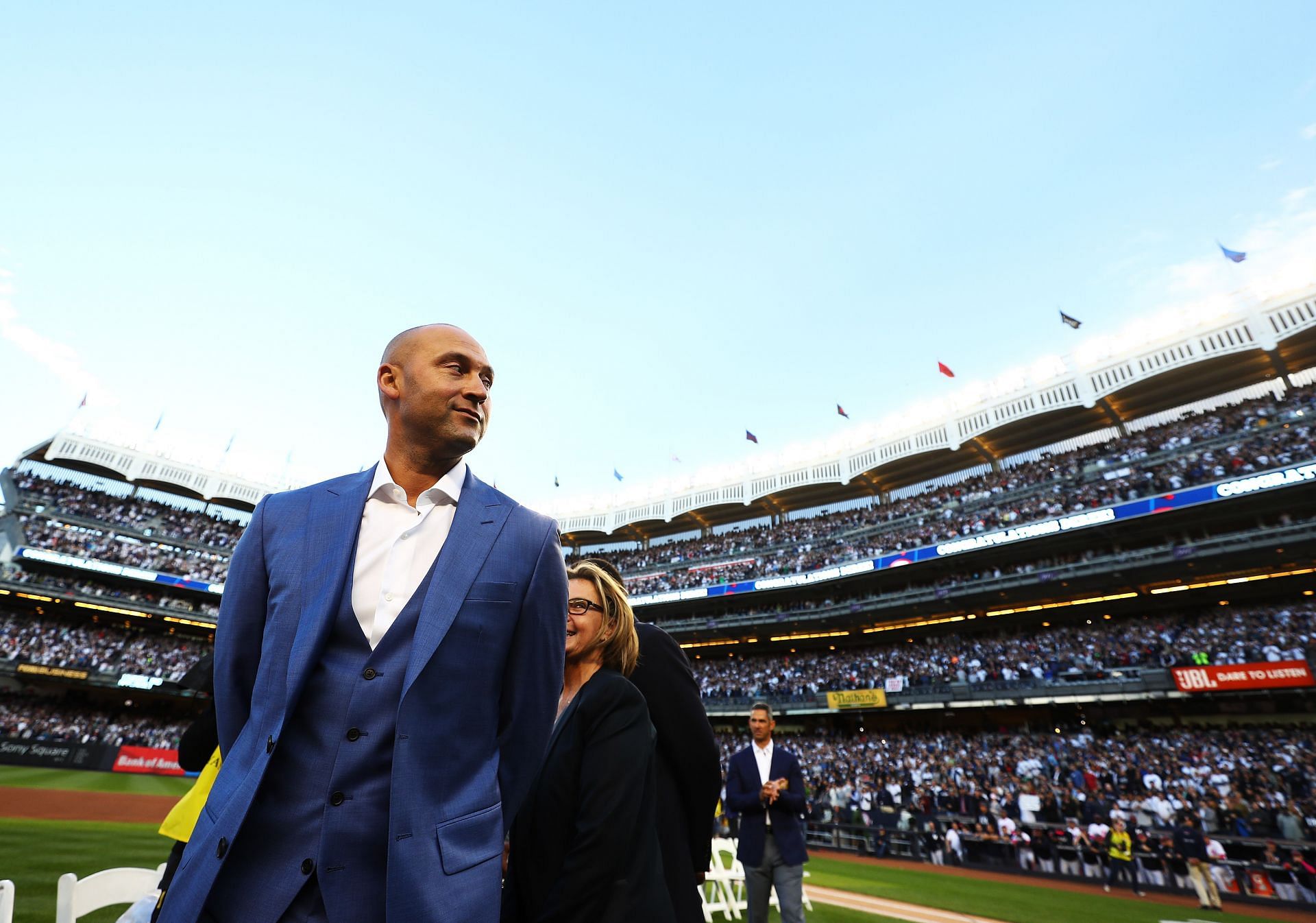 Derek Jeter looks during the retirement ceremony of his number 2 jersey at Yankee Stadium