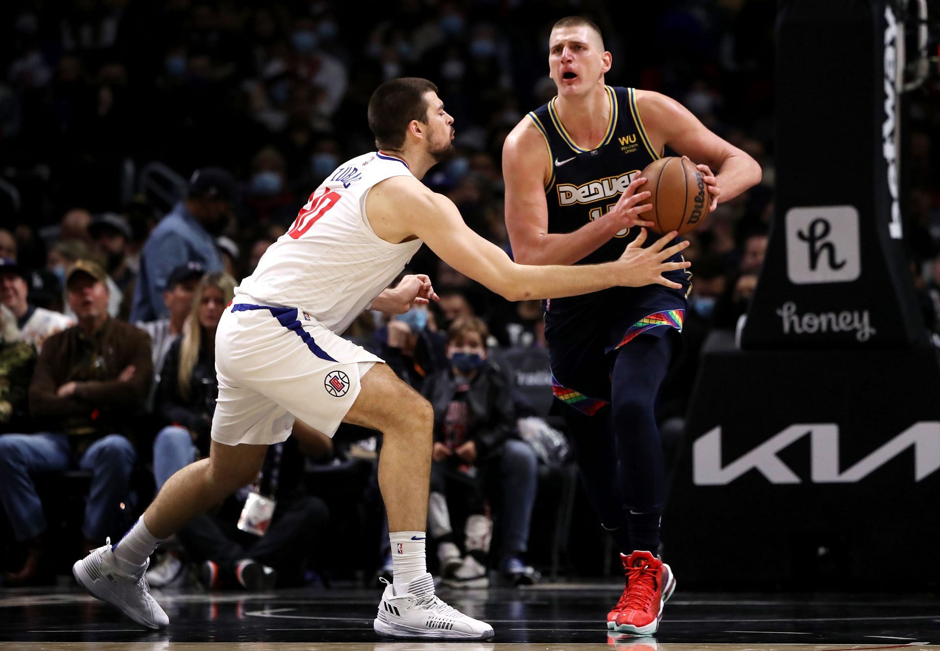 Nikola Jokic of the Denver Nuggets against Ivica Zubac of the LA Clippers