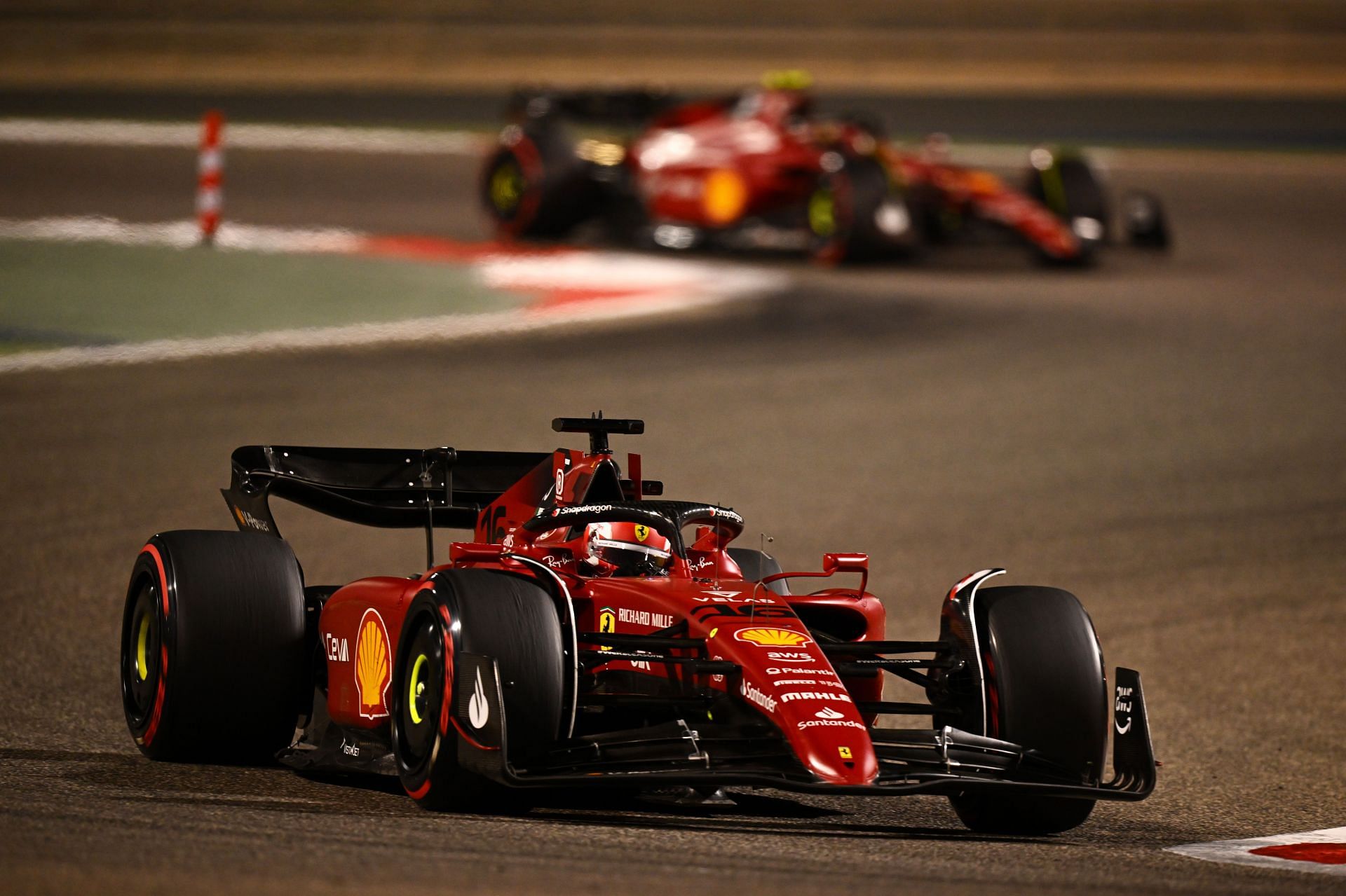 Charles Leclerc (#16) Scuderia Ferrari F1-75 leads teammate Carlos Sainz (#55) at the closing stages of the 2022 Bahrain Grand Prix
