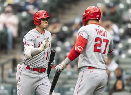 Shohei Ohtani(left)and Mike Trout(right) during a Los Angeles Angels v Seattle Mariners game.