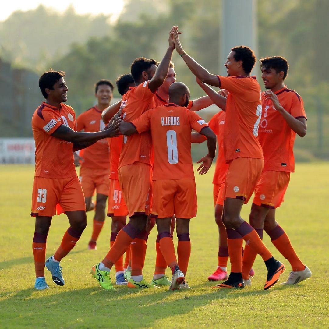 RoundGlass Punjab FC players celebrate a goal against Kenkre FC (Image Courtesy: RoundGlass Punjab FC Instagram)